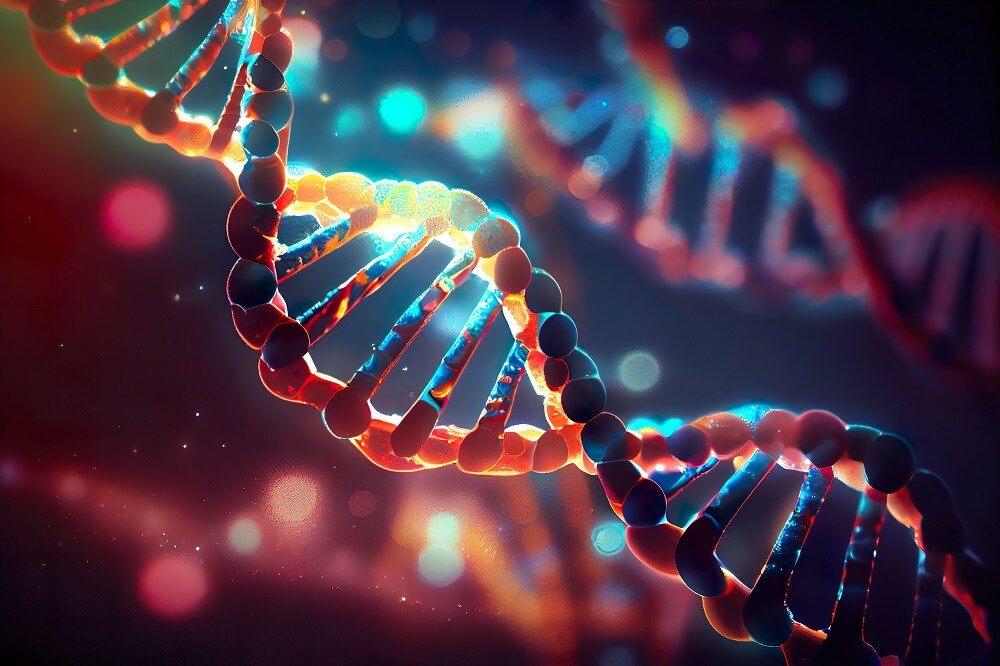 dna helix enlarged model in bright colors and spots, generative ai