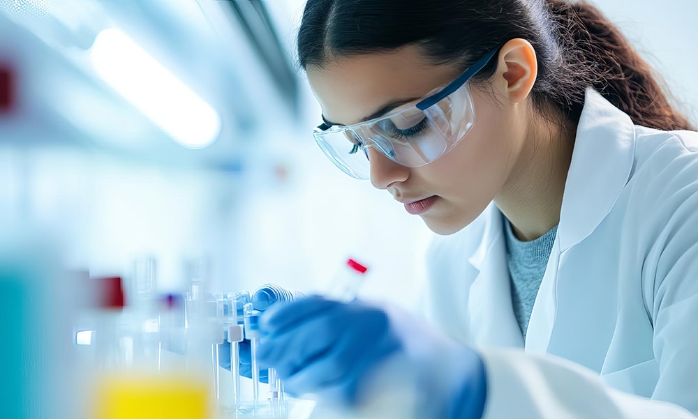 scientist using affinity tags for protein purification in drug production, biotech methods, therapeutic production full res presentation ready png
