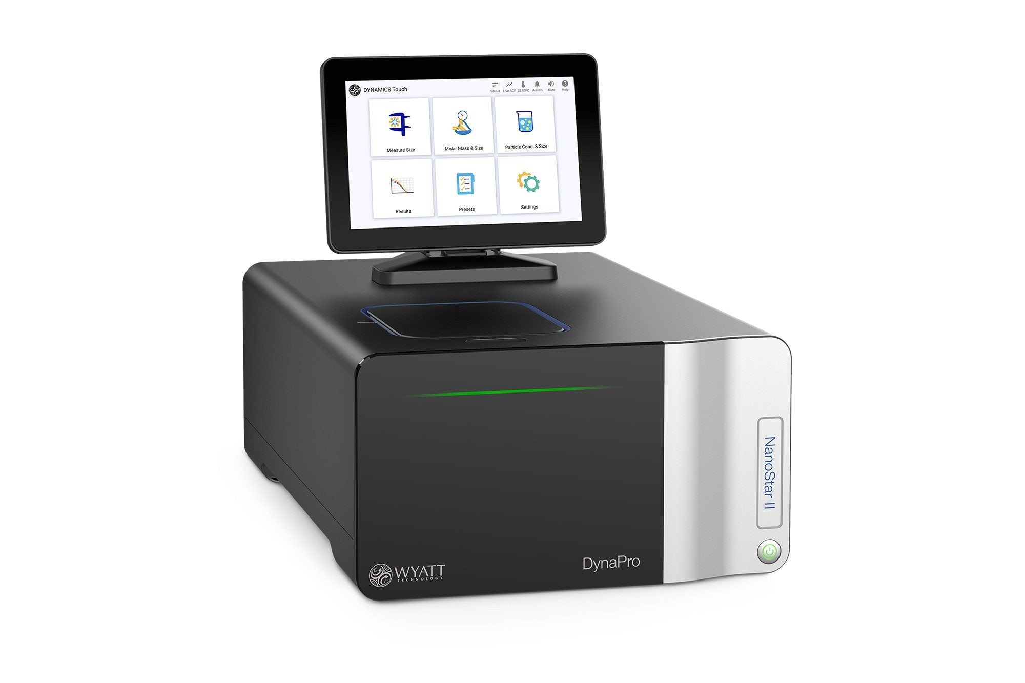 NanoStarTM DLS Iinstrument measures nanoparticle size, polydispersity, and concentration and macromolecule molar mass and turbidity with as little as 2 µL of solution. Ideal biologics applications include aggregation and, colloidal and thermal and stability.