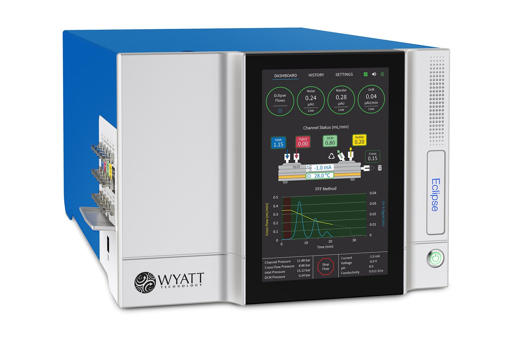 Achieve size-based separations for macromolecules and nanoparticles from 1 nm to 10 µm with ECLIPSE AF4 System, which is tunable and low-shear, with no stationary phase and works with on-line MALS, DLS, UV, RI, fluorescence, viscometry, and ICP-MS detectors C, and be combined with a fraction collector for offline analyses. 