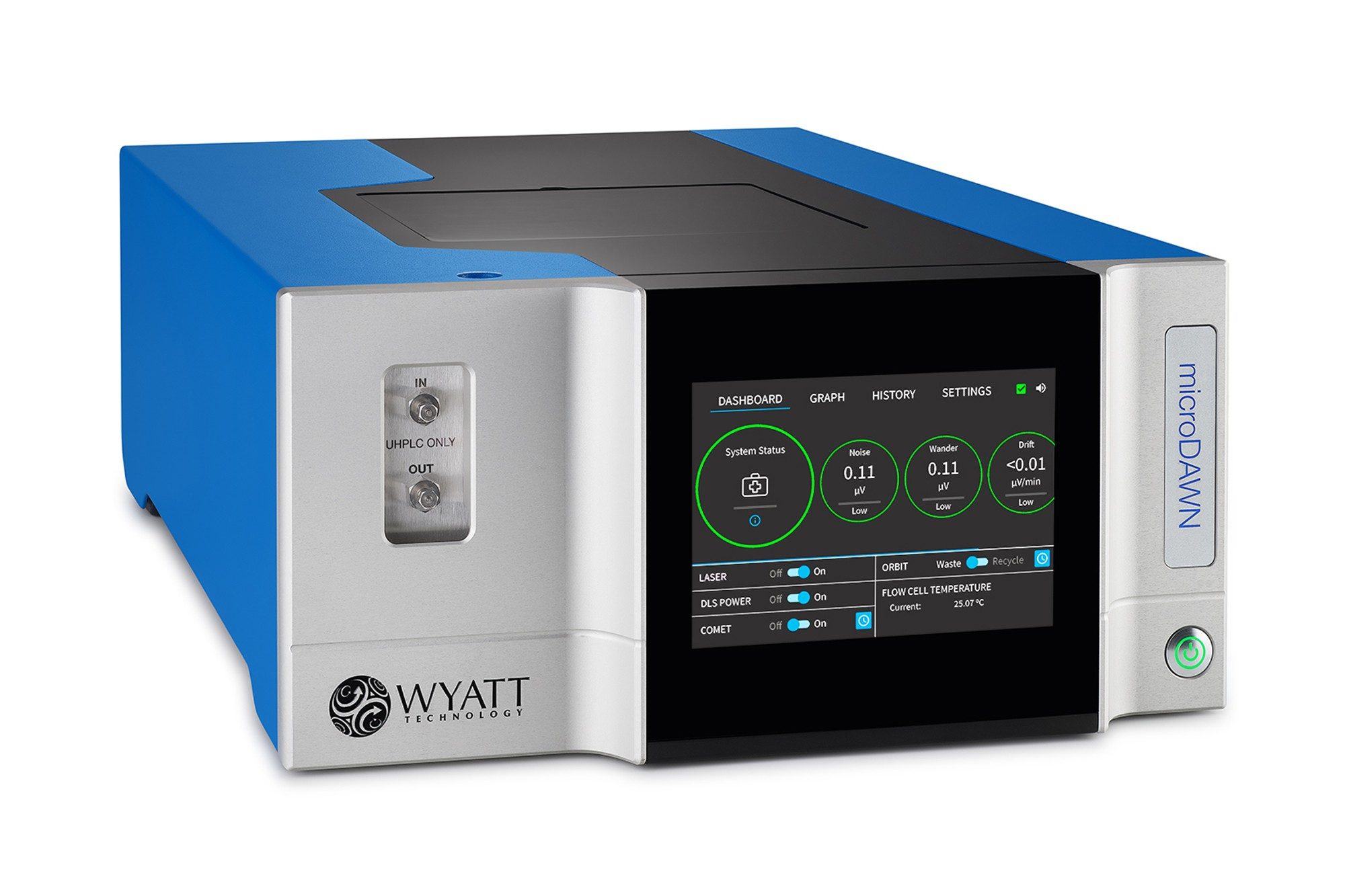 The microDAWN MALS detector performs absolute characterization of macromolecules eluting from UPLC or UHPLC, characterizing proteins and other molecules smaller than 50 nm in radius. Its small interdetector dispersion produces minimal band broadening in order to maintain the narrow peaks typical of UHPLC.
