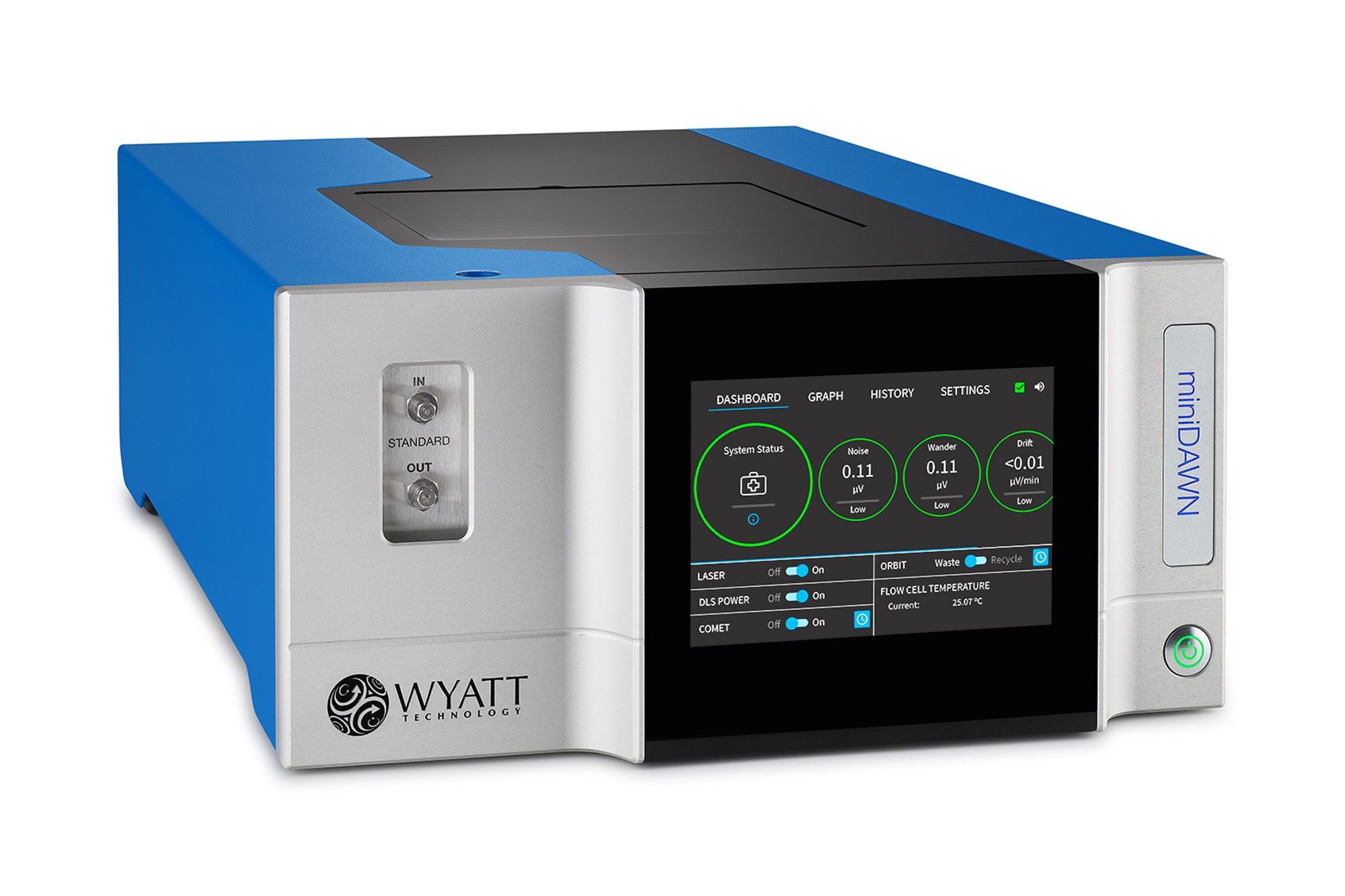 This three angle MALS detector couples to your HPLC to determine the absolute molar masses and sizes of macromolecules and nanoparticles in solution from 200 Da to 10 Mda (proteins) or 1MDa (polymers). It is ideal for peptides, proteins and small viruses or polymers with a radius < 50nm.