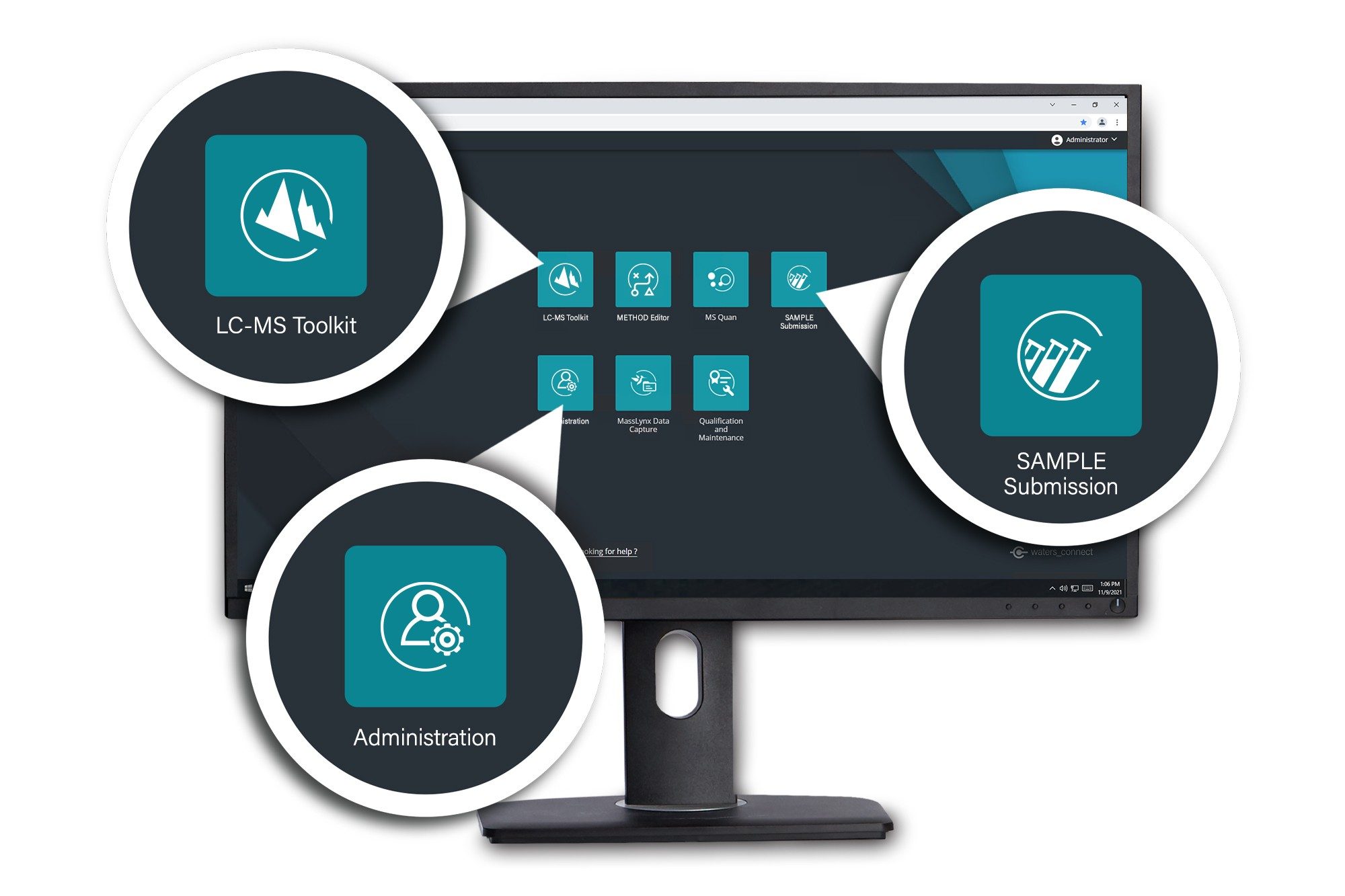 Computer desktop in cui sono visualizzate le app waters_connect: LC-MS Toolkit, Sample Submission e Administration