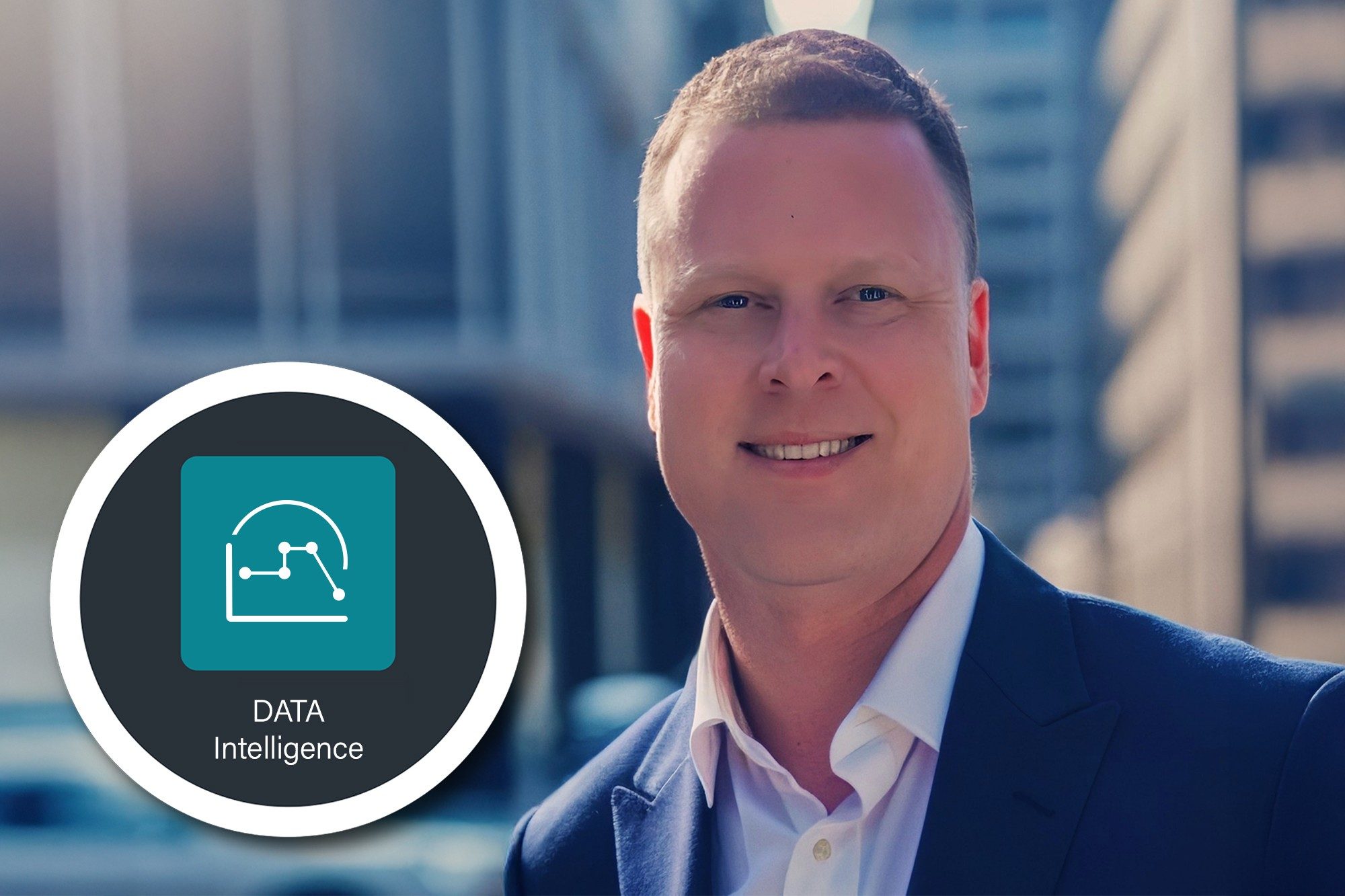 Donald Preiss smiling at camera with the Data Intelligence icon to the left