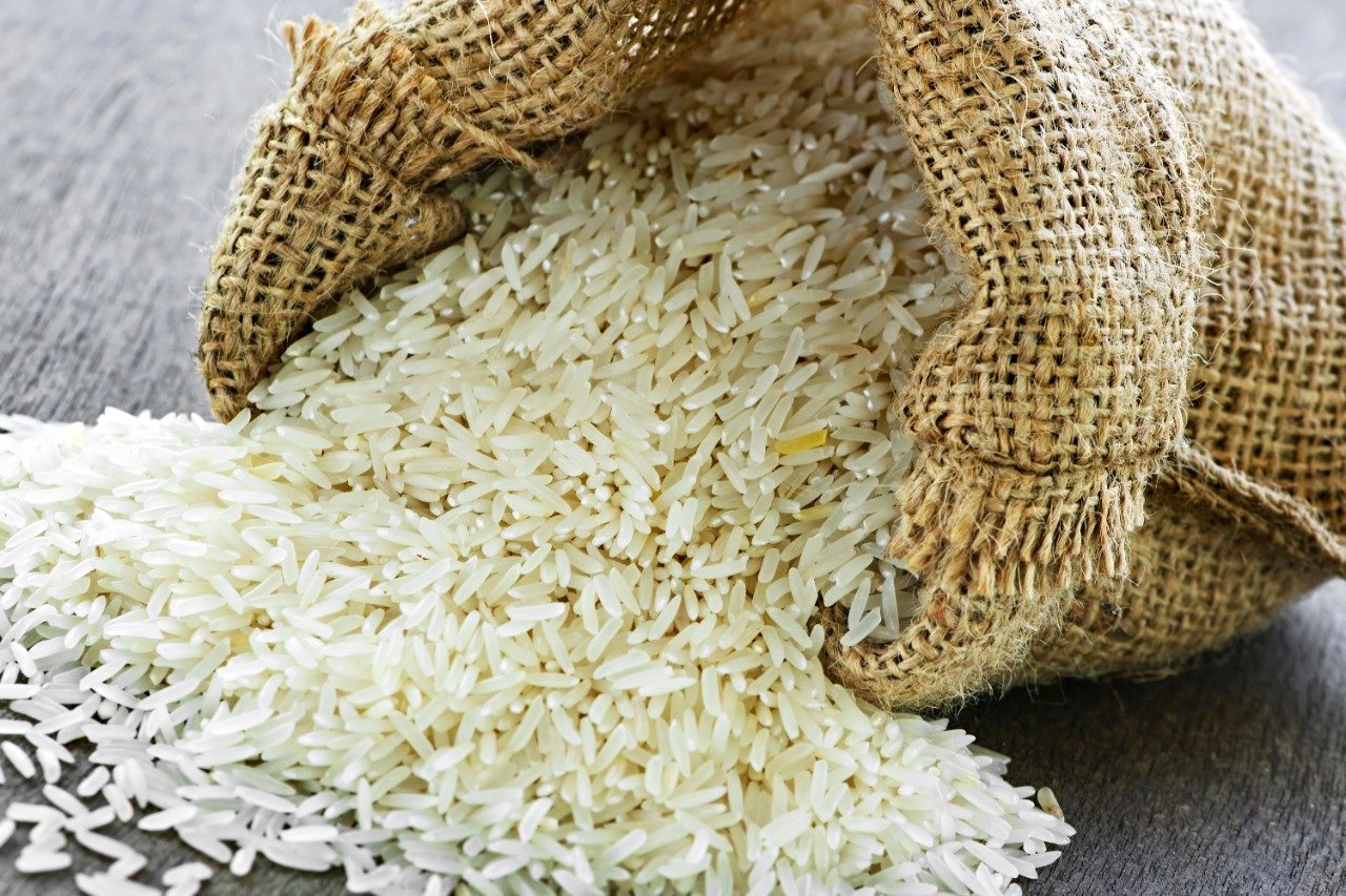 Long grain basmati rice in burlap sack