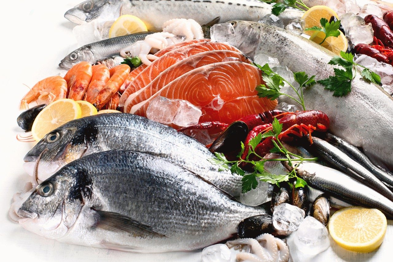 Fresh raw fish and seafood
