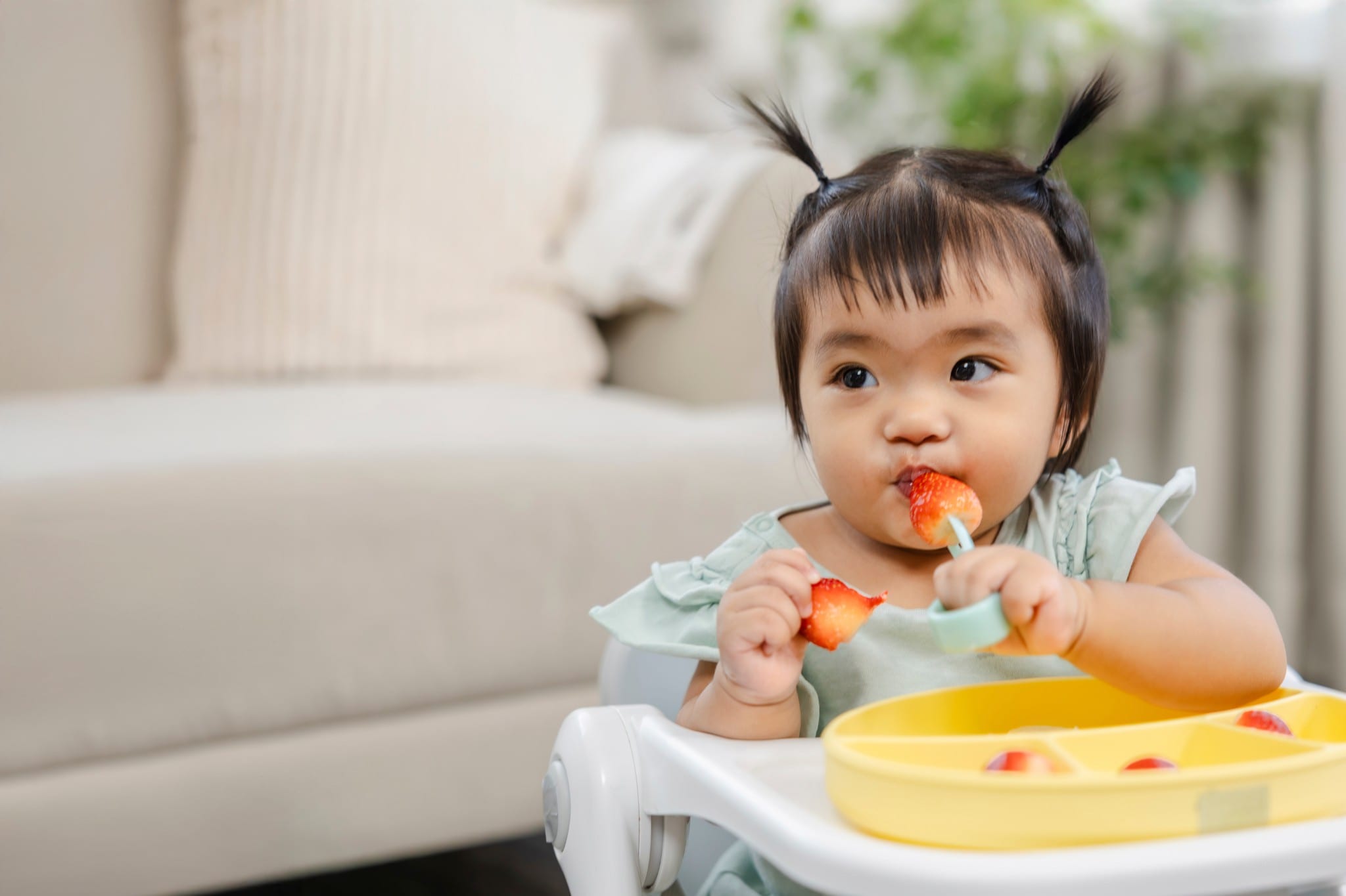 Toddler eating strawberries in high chair