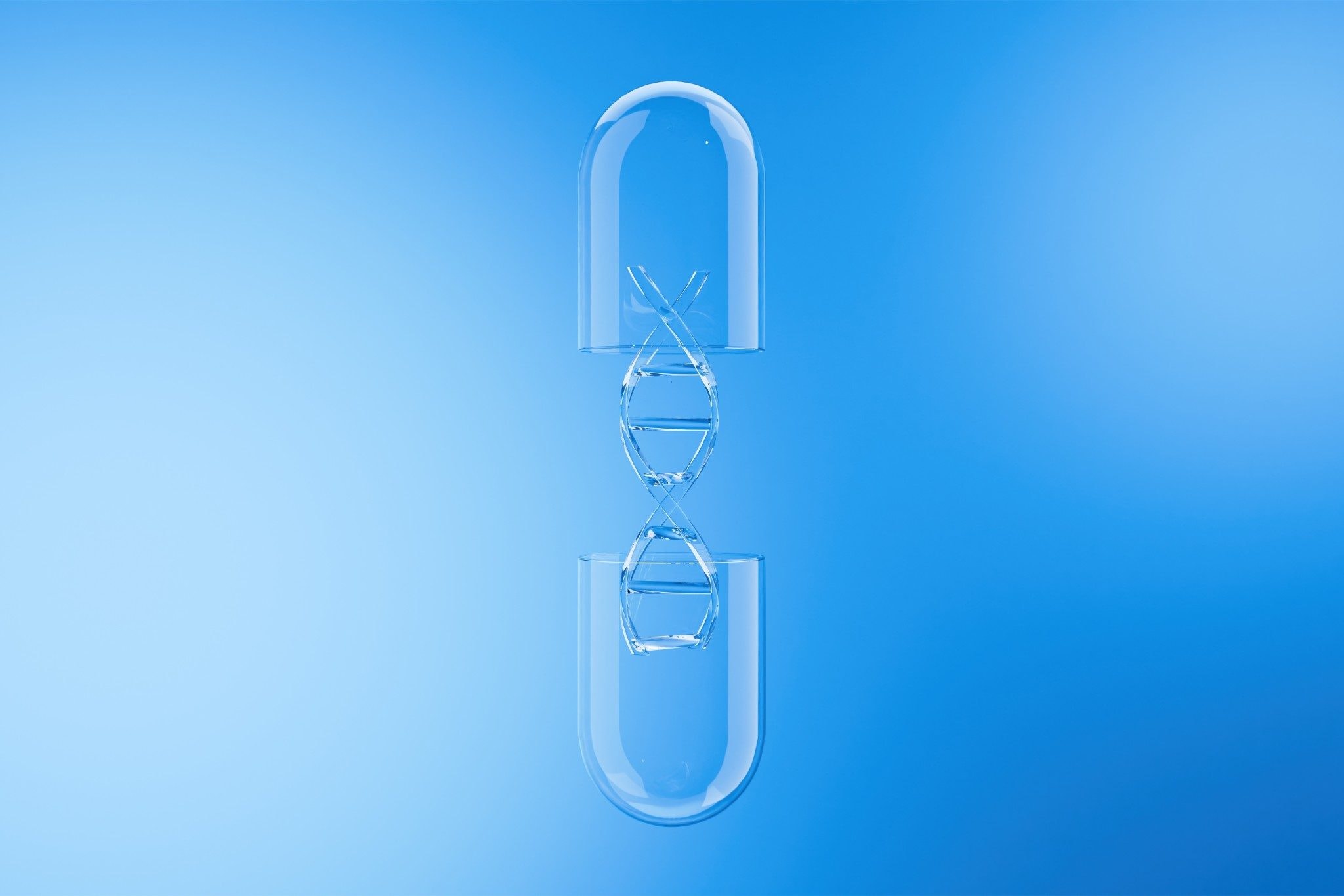 Capsule pill with DNA helix inside on blue background