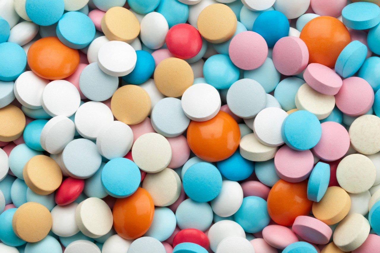 Many multi-colored pills