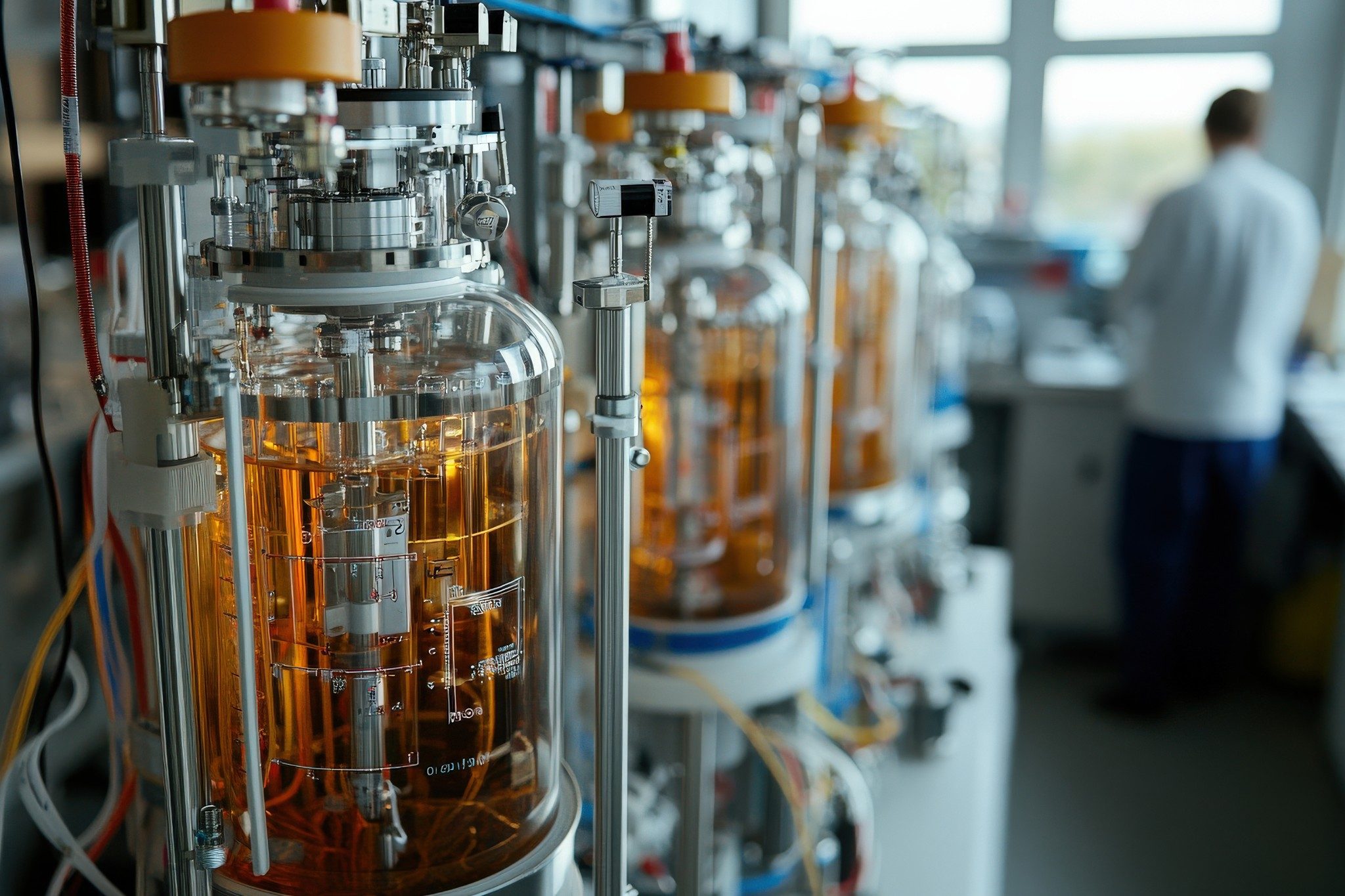 Imagen de stock de laboratorio de bioquímica con reactores de vidrio.