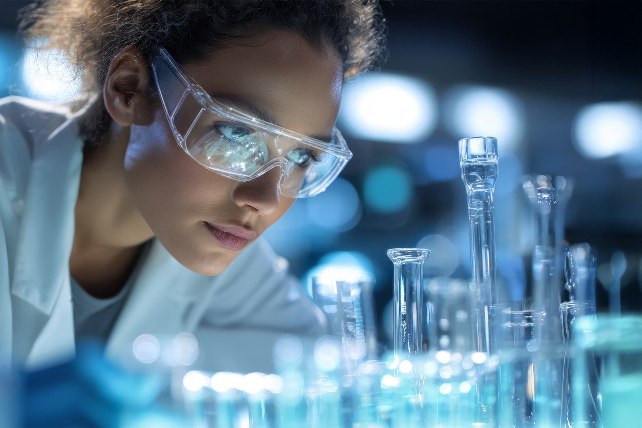 Female scientist wearing goggles looking at glassware in laboratory
