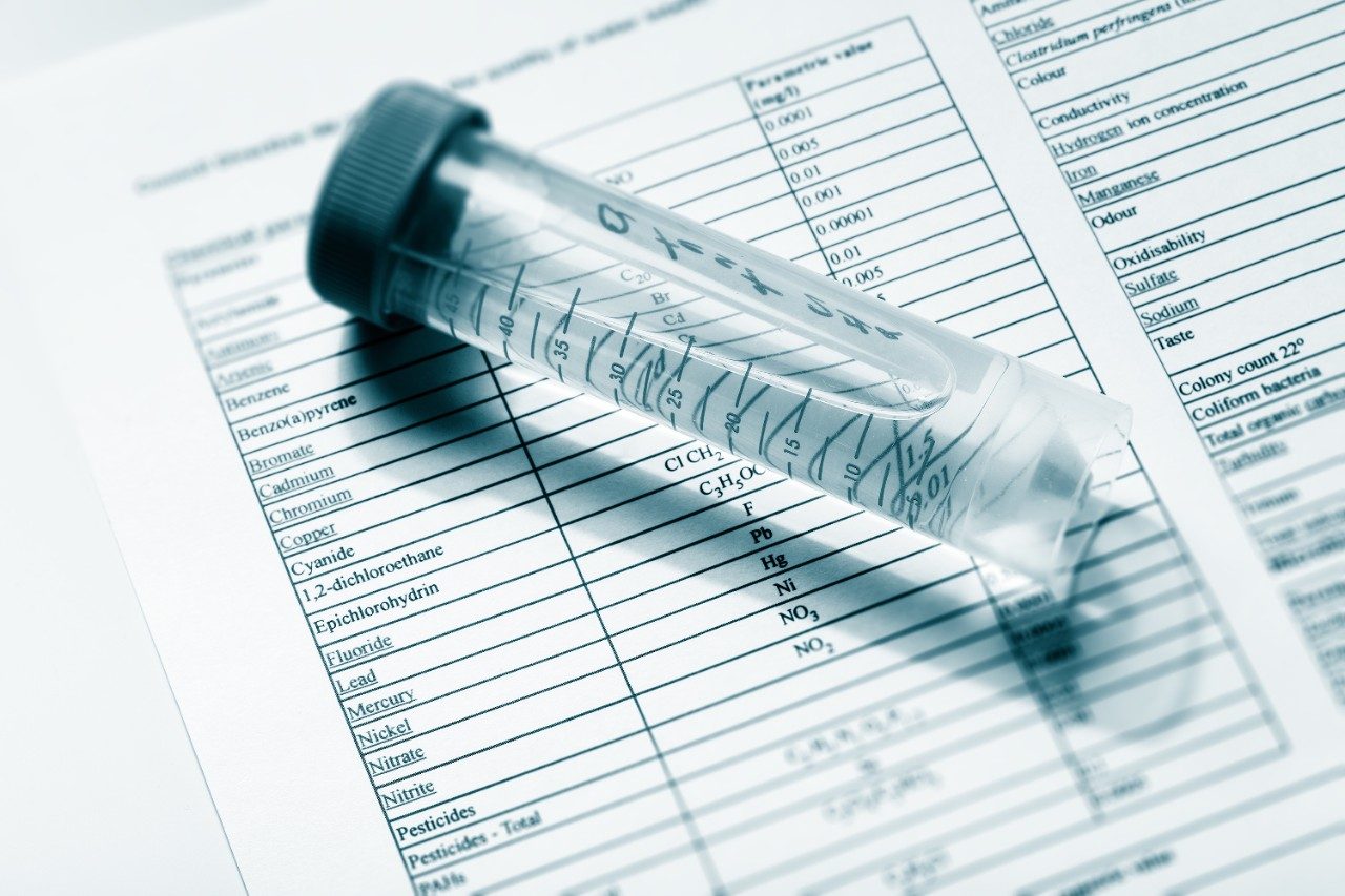 Test tube of drinking water for chemical and microbiological analysis