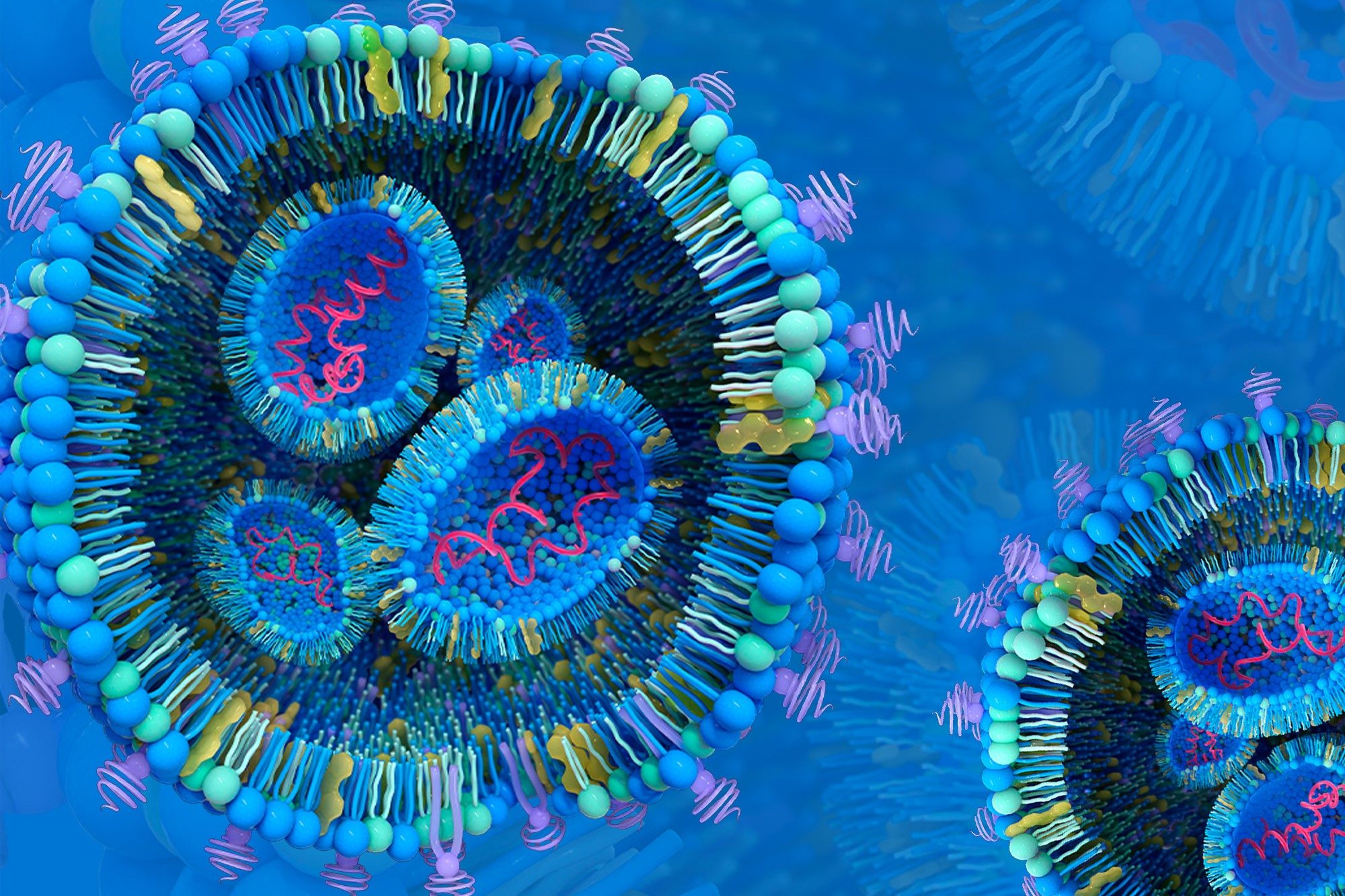 3D rendering of blue lipid nanoparticles
