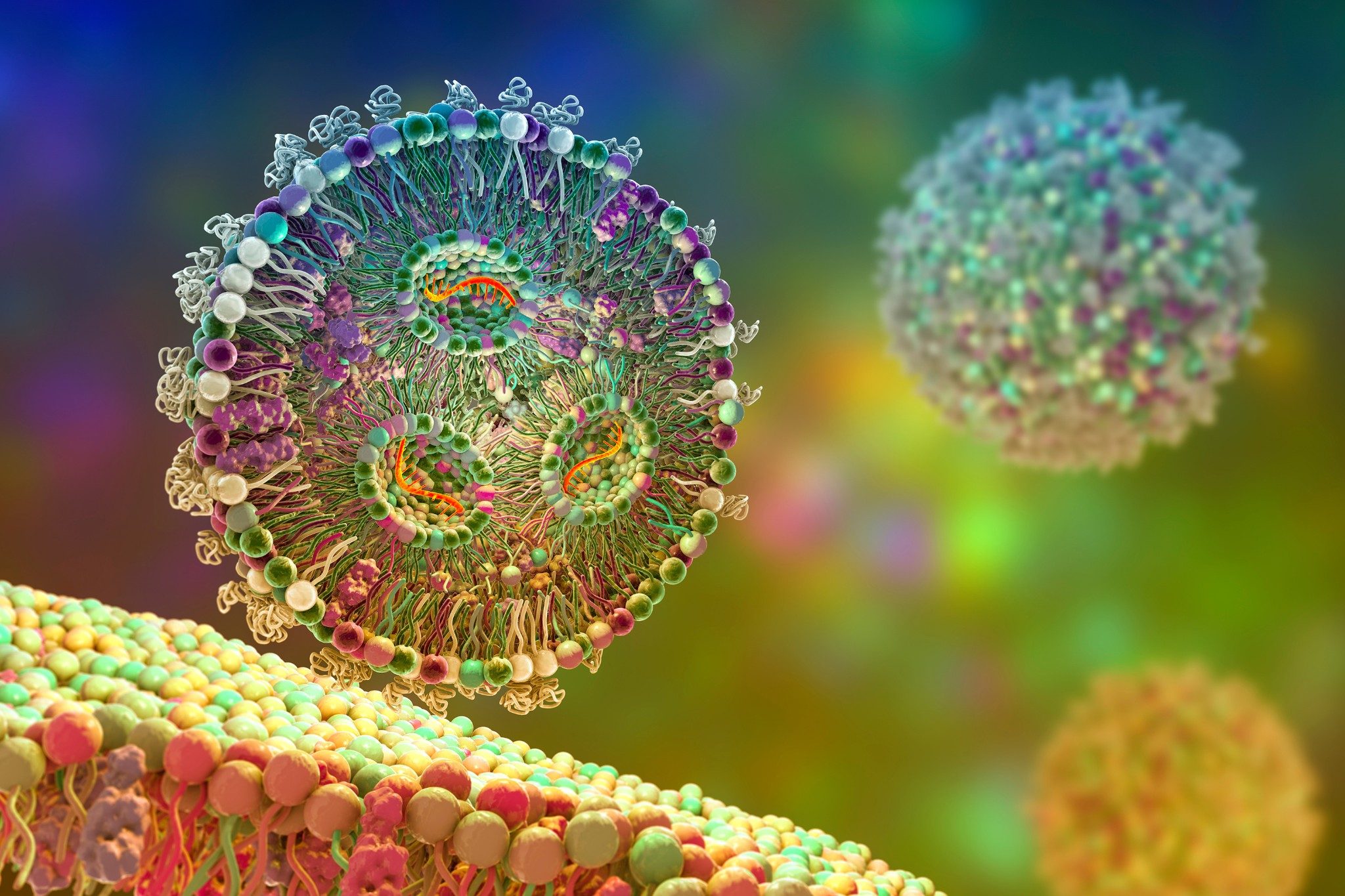 세포 및 유전자 치료제의 분석에서 mRNA 전달에 사용되는 지질 나노입자의 일러스트. 