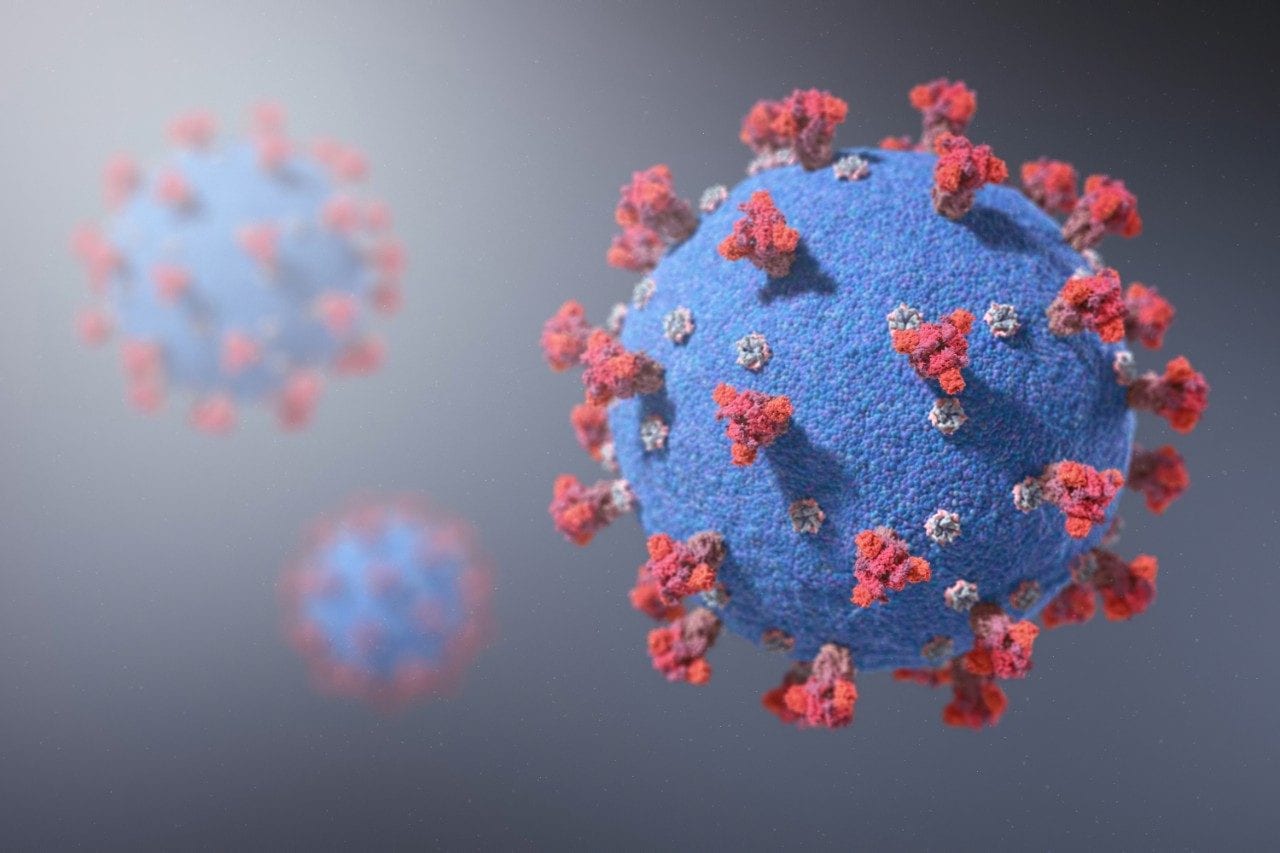 Coronavirus COVID-19 protein molecule blue and red