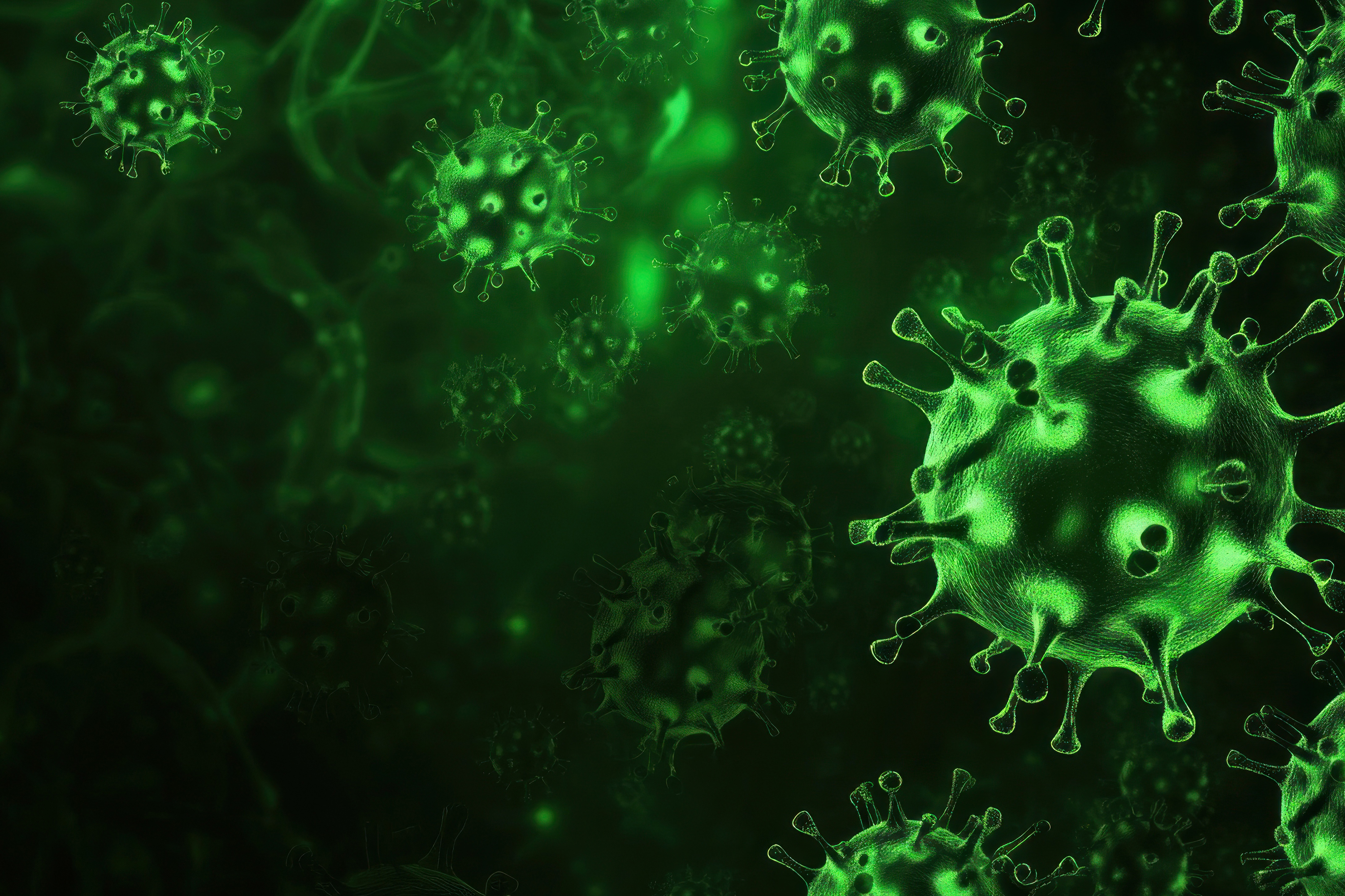 3D rendering of green virus cells floating on a black background