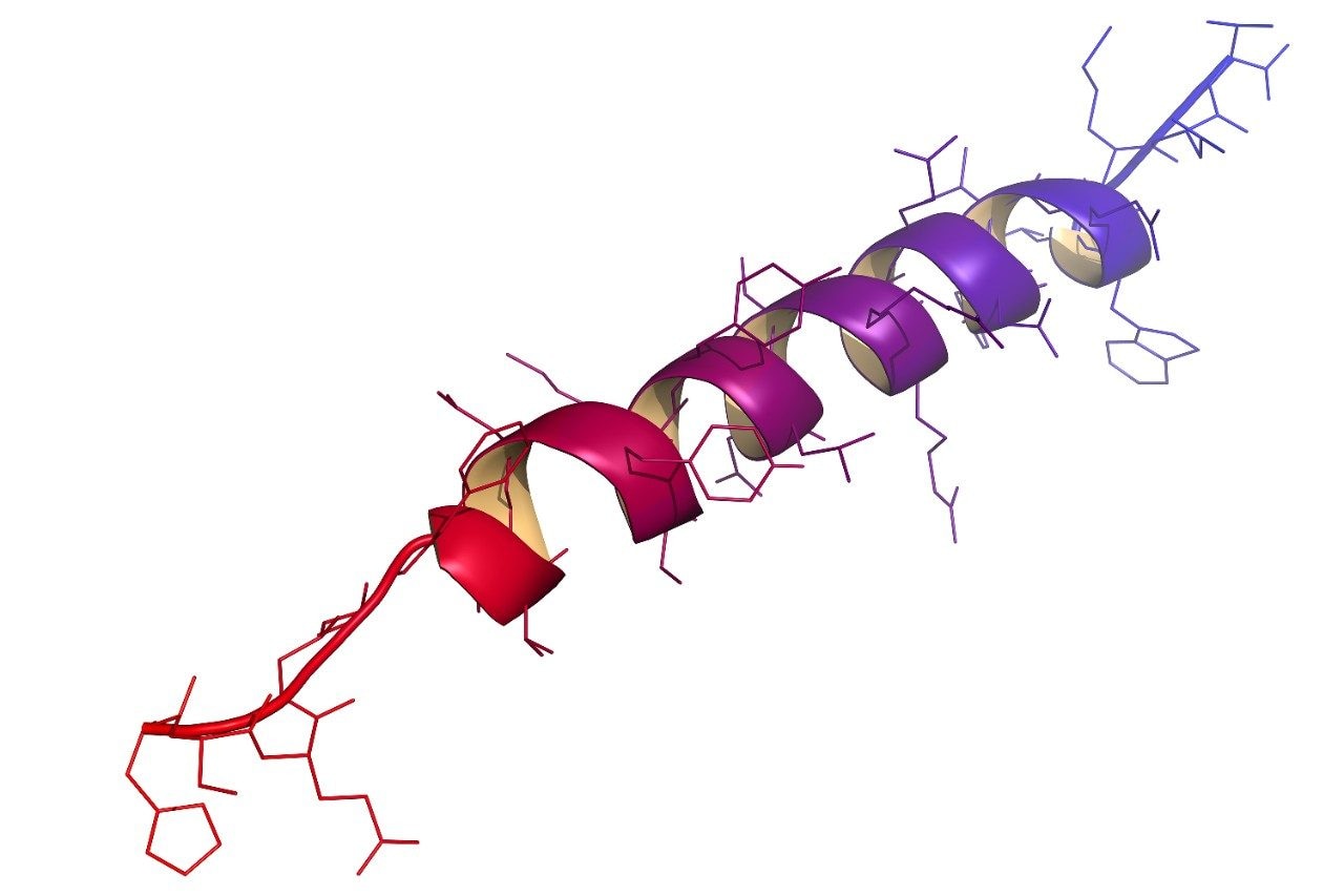 Chemical structure of a molecule of glucagon. Glucagon is a peptide hormone, produced in the pancreas, that has the opposite effect of insulin.