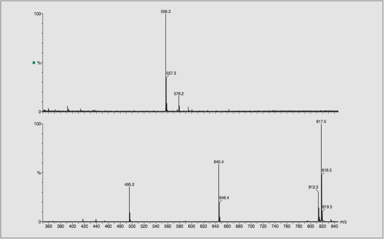 Mass spectra obtained from each channel at the same point in time.