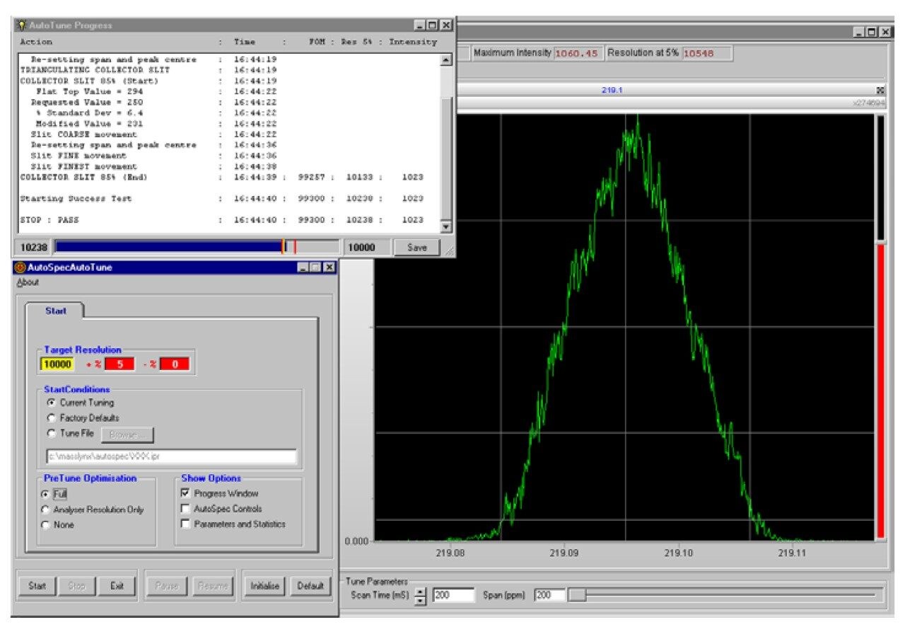 Tune window, Parameter dialog, and Status dialog for AutoTune