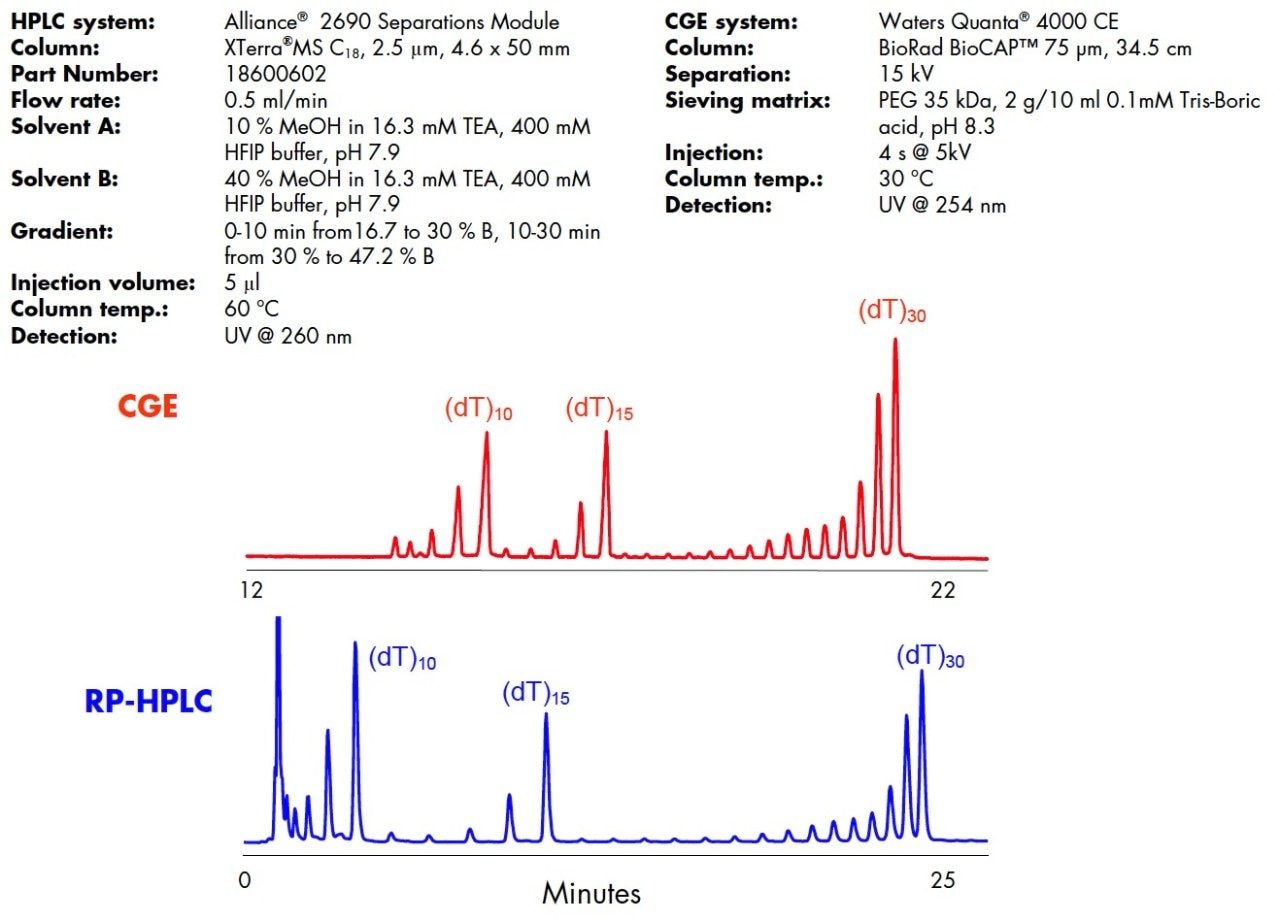 Separation of 6-30mer oligodeoxythymidines by CGE and RP-HPLC using XTerra MS C18.