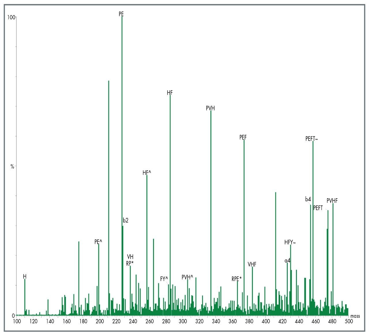 Theoretical fragmentation of the peptide sequence.