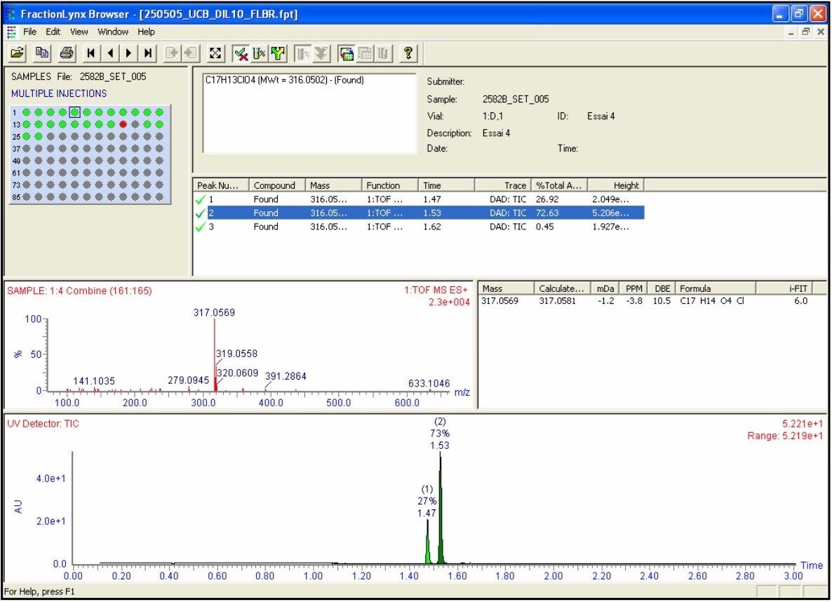 OpenLynx Browser user interface showing the identification view with elemental composition details