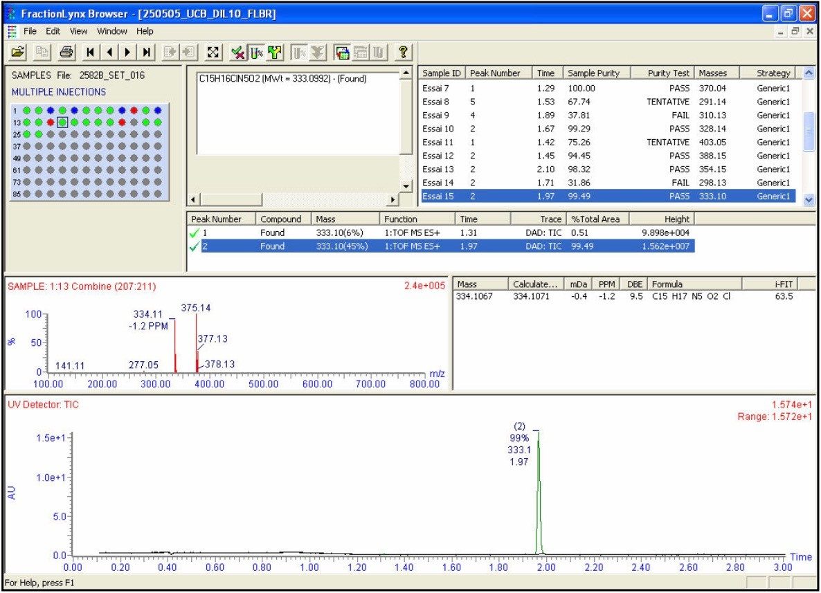 OpenLynx Browser user interface showing the UV-PDA purity QC view