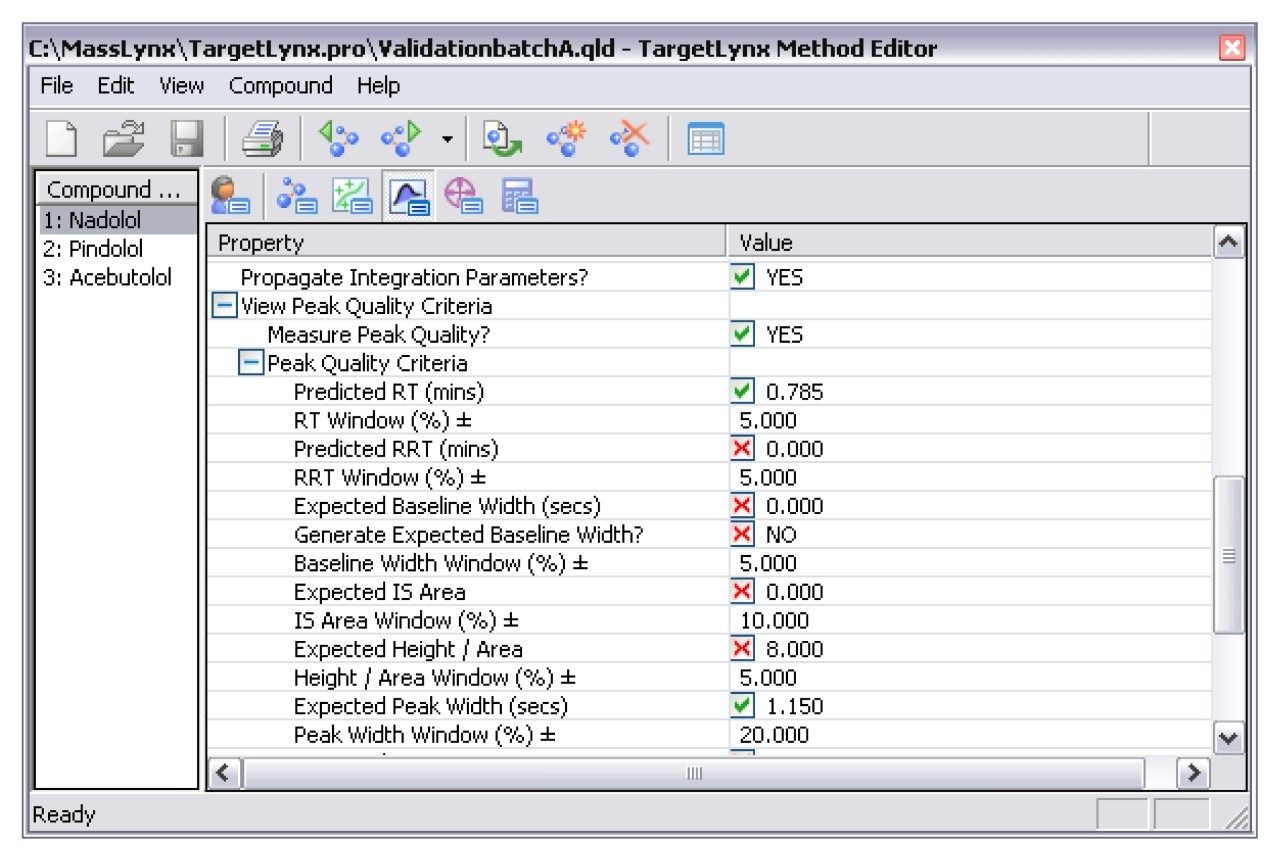TargetLynx Editor - Peak Quality Parameters.