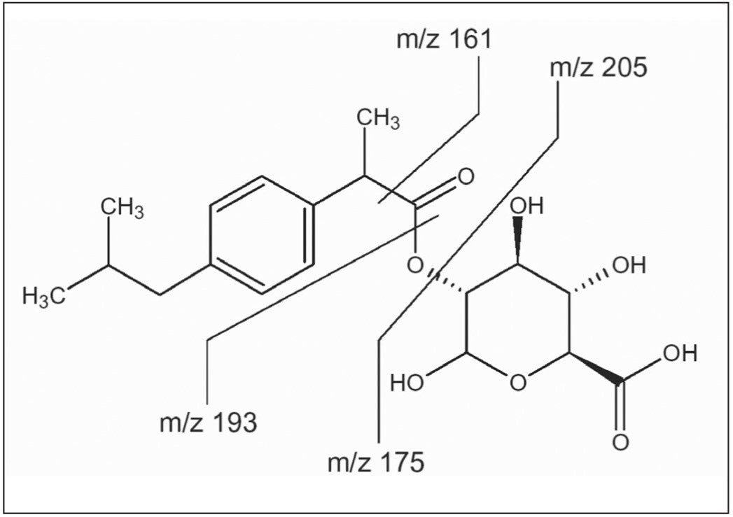 Figure 2. Metabolism of caffeine by demethylation: metabolites that maintain the methyl group in position 1 have a common fragment ion, m/z 57.