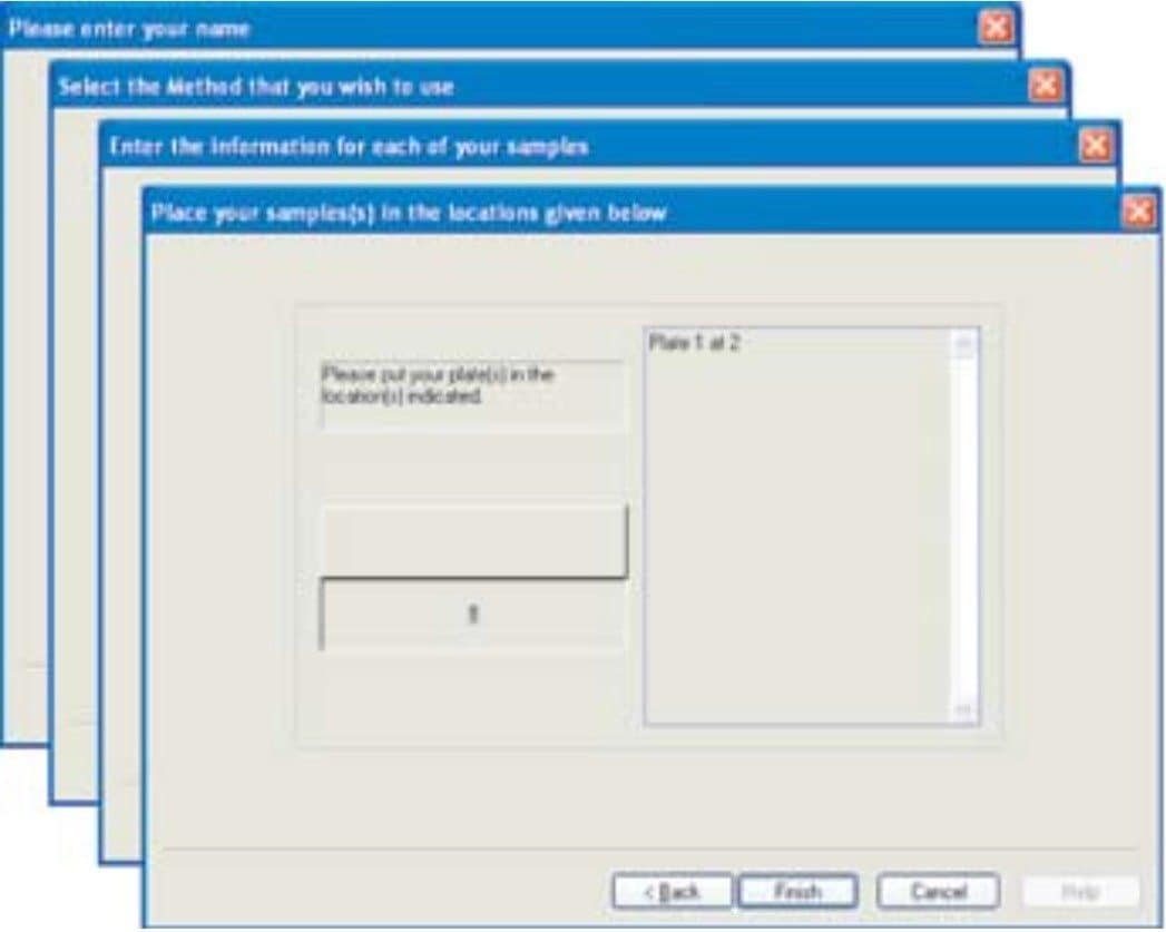 With the wizard, walk-up users enter their name, choose a method, enter sample information, and place the sample in the autosampler