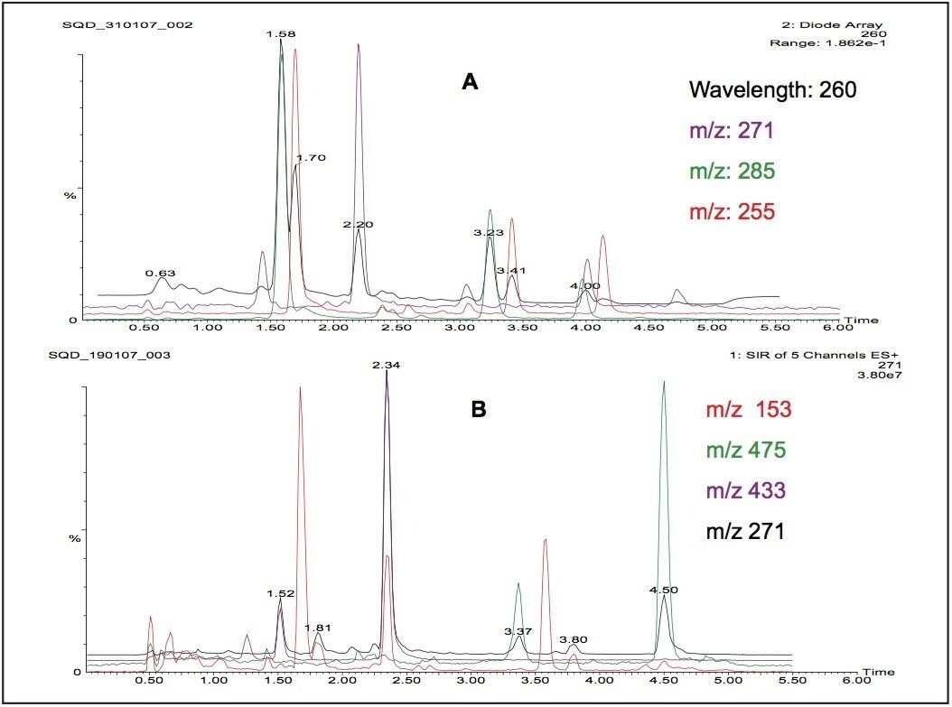 A: Selected wavelength of 260 nm and full scan MS data with m/z ions for daidzein, genistein and glycitein, extracted from the TIC and B: SIR method and the respective ions for genistein in the soy supplement