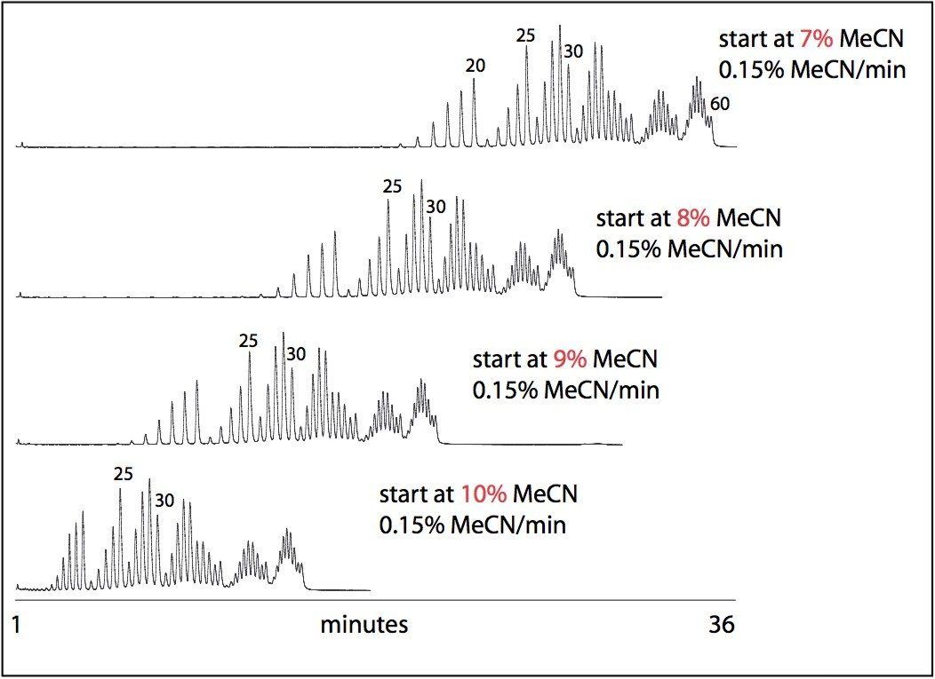 Reducing the analysis time by adjustment of initial gradient strength. Gradient slope remains constant