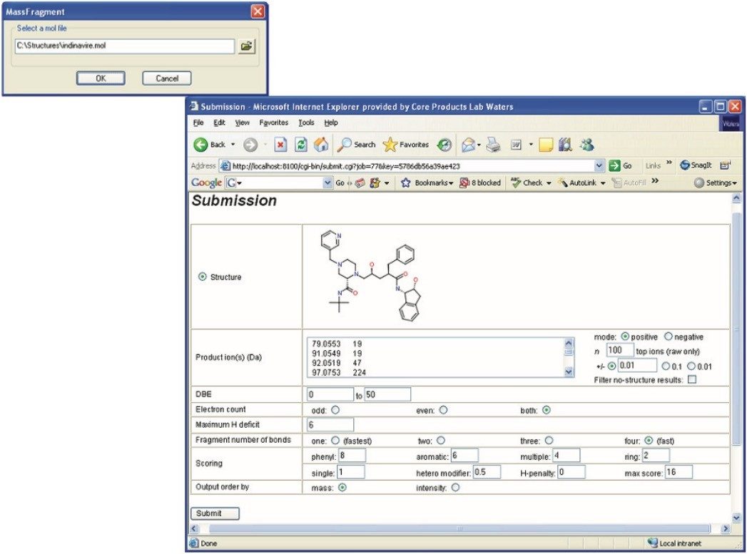 The mol file input window and the MassFragment interface