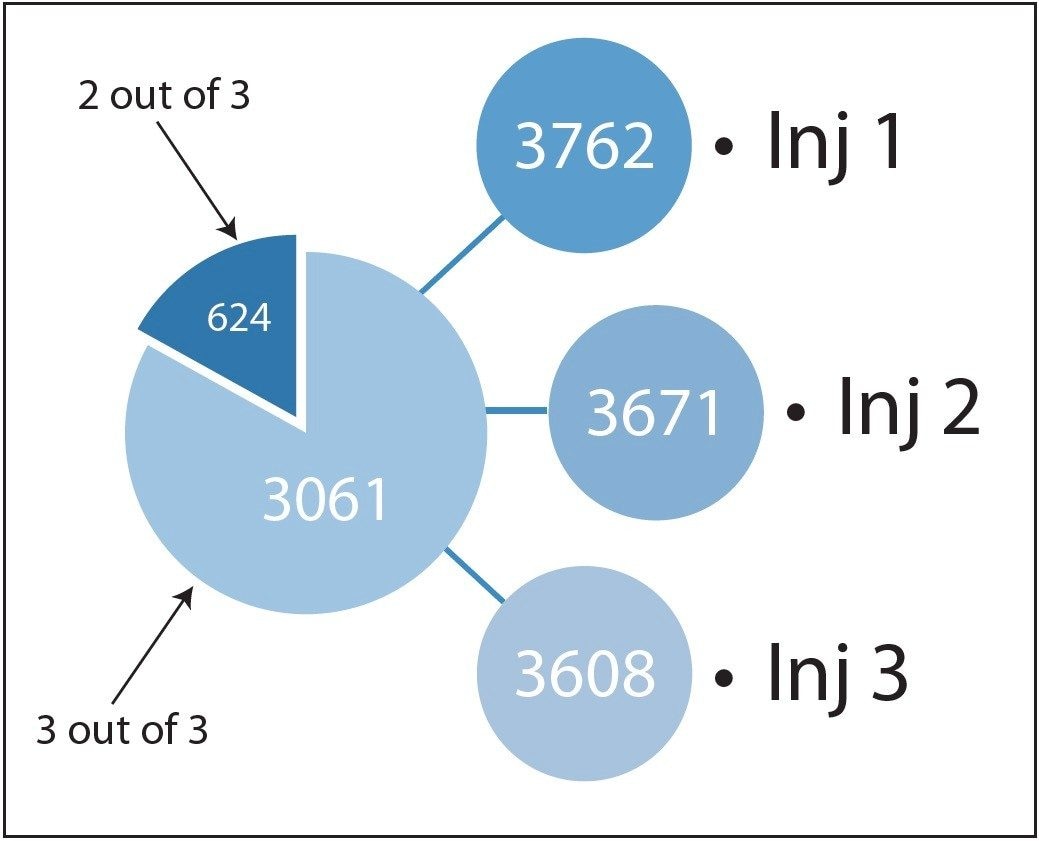 The number of peptides identified in each replicate injection of the E. coli sample (n=3) and the corresponding intersection.
