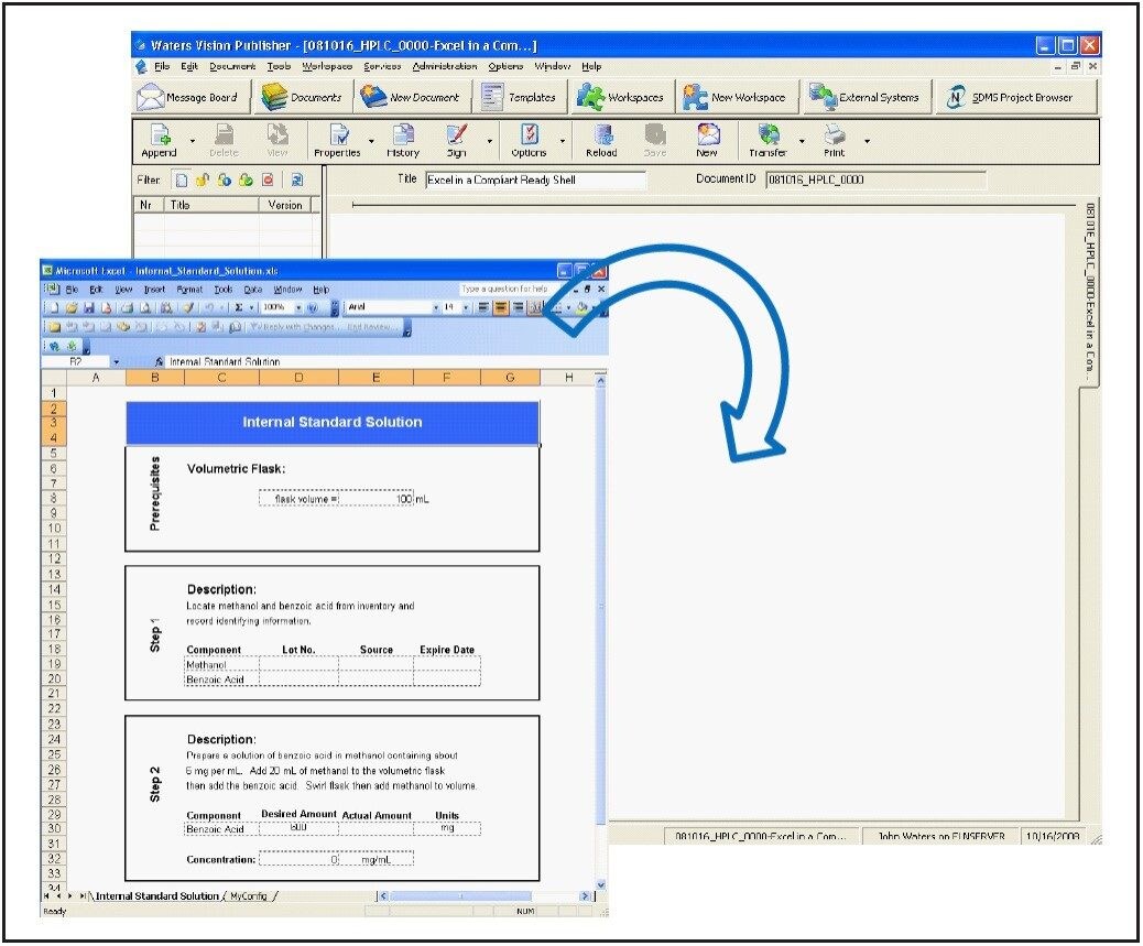 Microsoft Excel embedded within the compliant-ready shell of SDMS Vision Publisher.