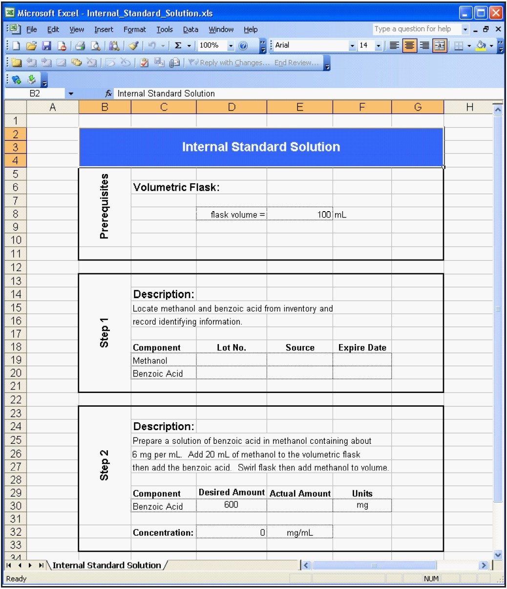 Form created in Microsoft Excel including a concentration calculation utilizing a verified equation.