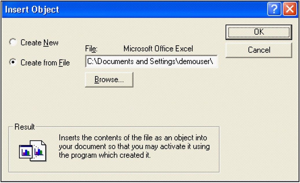 Microsoft Excel form inserted into SDMS Vision Publisher as an OLE object.