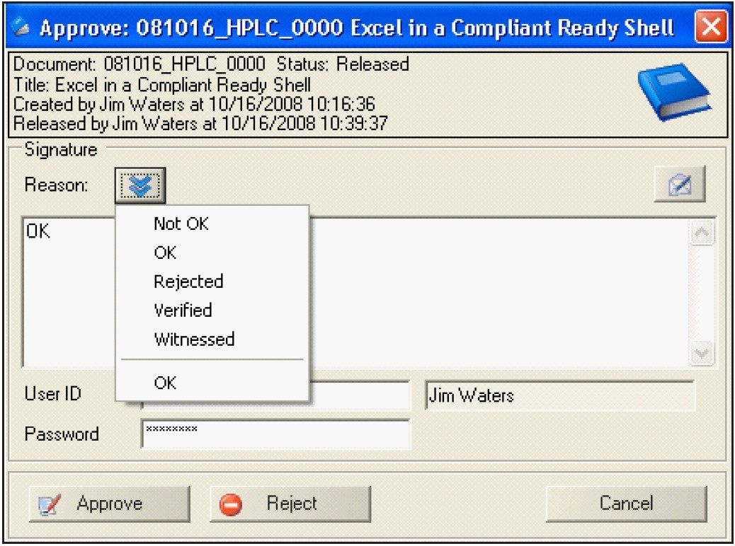 Electronic signature applied to the completed document including reason for signature. 