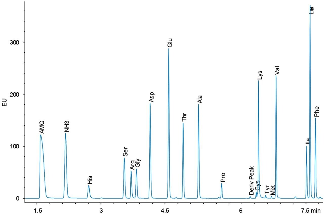 Figure 5. Analysis of BSA hydrolysate sample with fluorescence detection, approximately 9 ng on column.