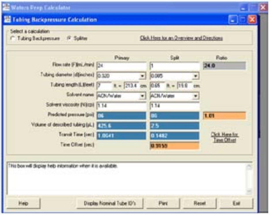 Splitter calculation in the Waters Prep Calculator, Version 1.4
