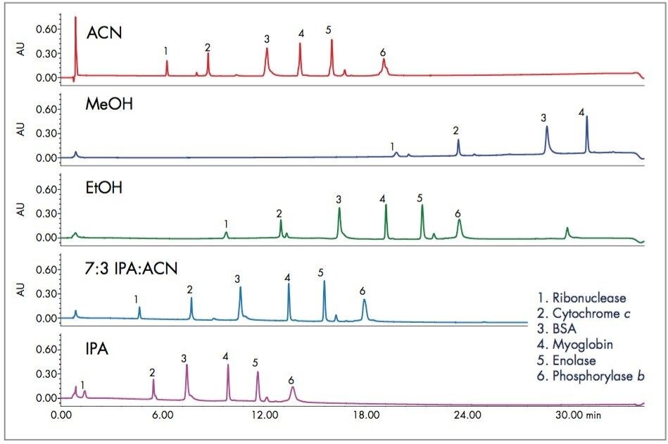 The separation of a mixture of proteins at 40 °C.