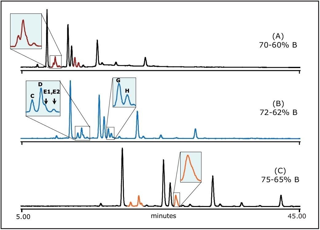 The impact of initial gradient strength on the separation of 2-AB labeled glycans.