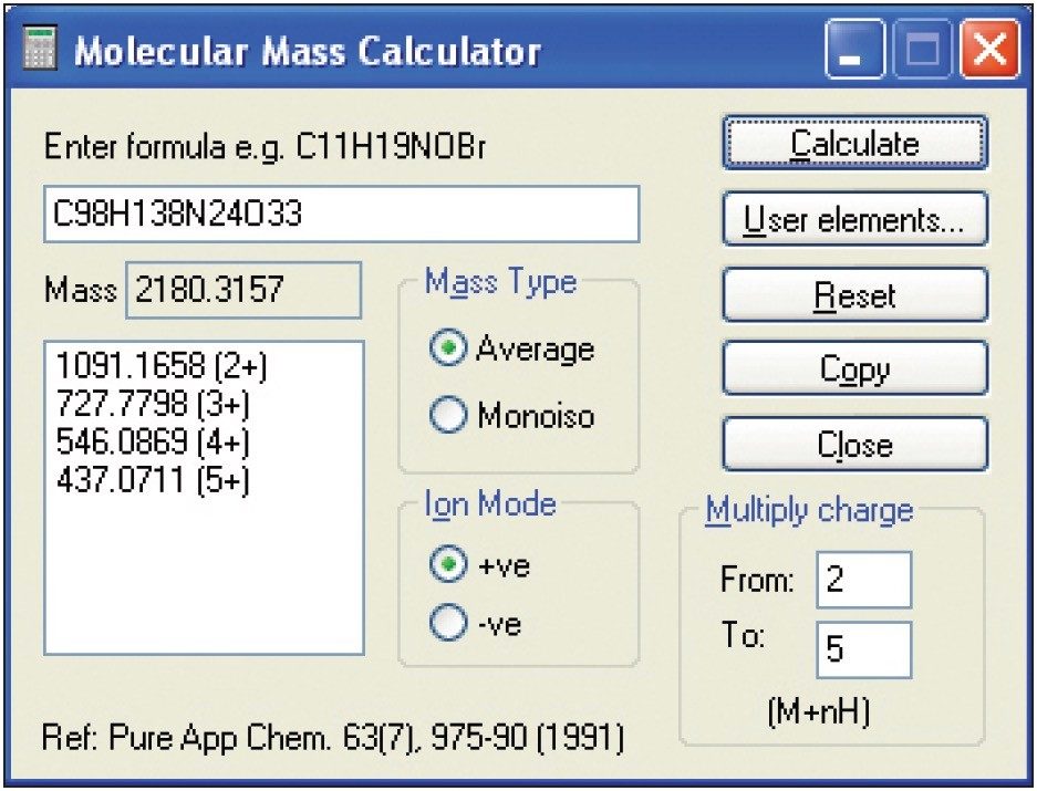 Molecular Mass Calculator in MassLynx Software