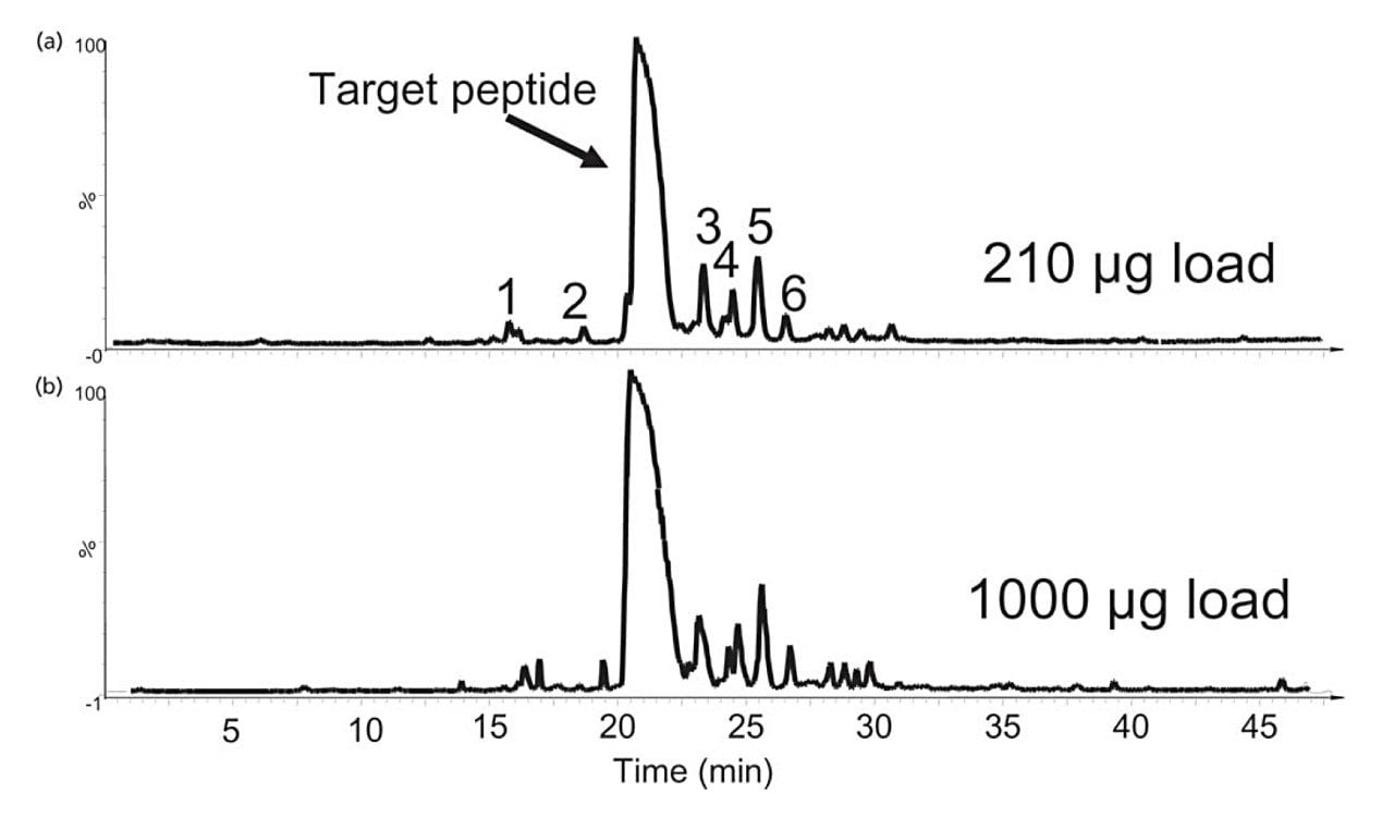 Example of a scale-up separation for a crude synthetic peptide sample.