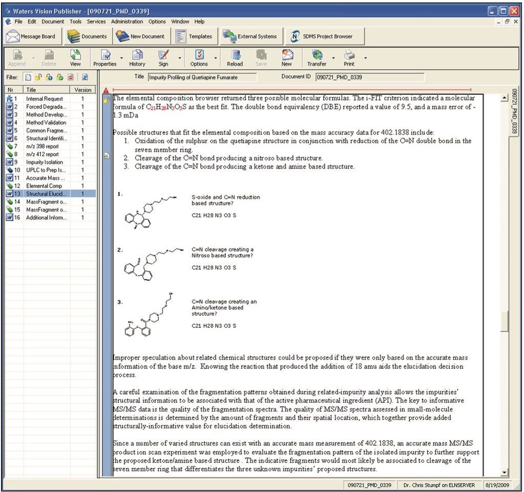 An example impurity profiling summary report created within SDMS Vision Publisher