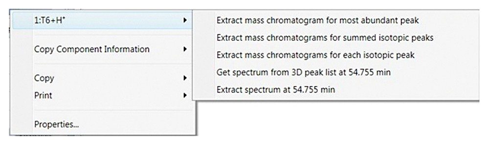For each component detected, the extracted mass chromatograms, summed MS spectra, and associated processed spectral features can be automatically generated.