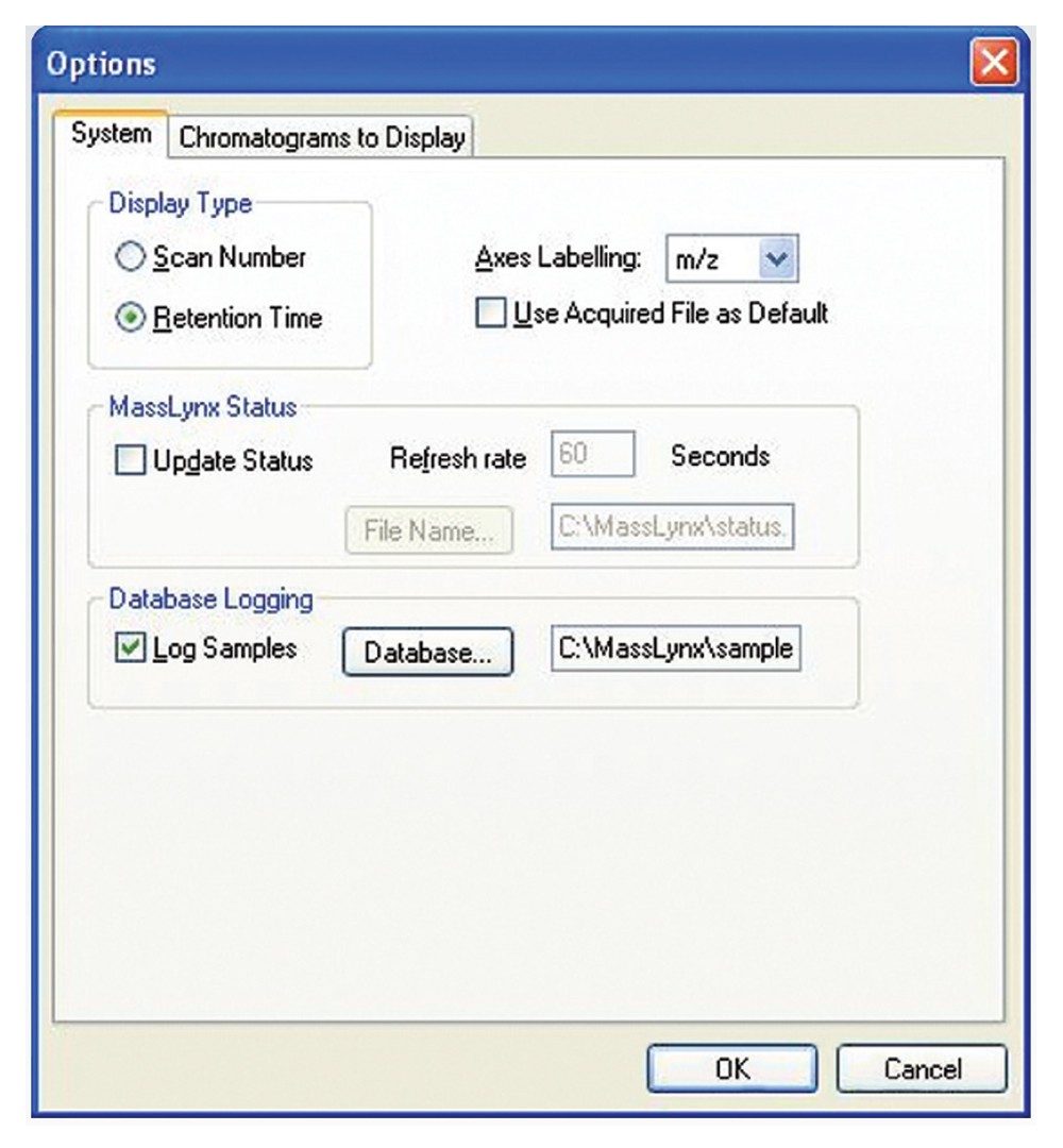 Enabling sample logging in MassLynx.
