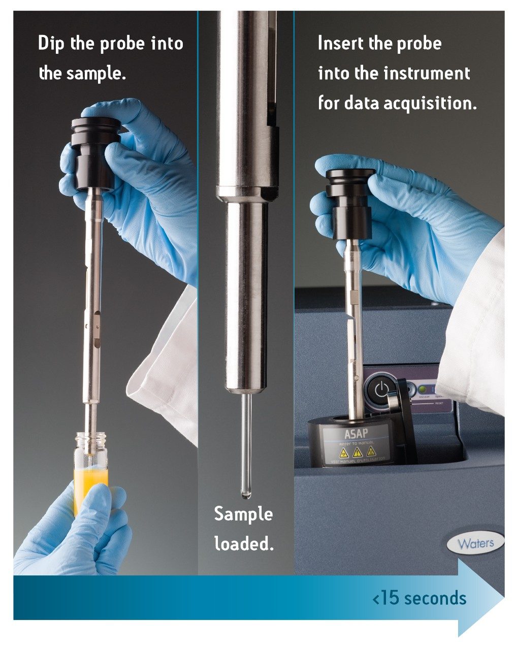 The sample is loaded directly onto the tip of a glass capillary. The sample is then directly inserted into the ionization source chamber. Bulk MS data are collected in seconds. 