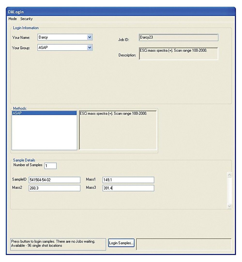 Single page OALogin window. After inserting probe into MS, users simply pick their name, choose an appropriate method, fill out details, and click Finish.