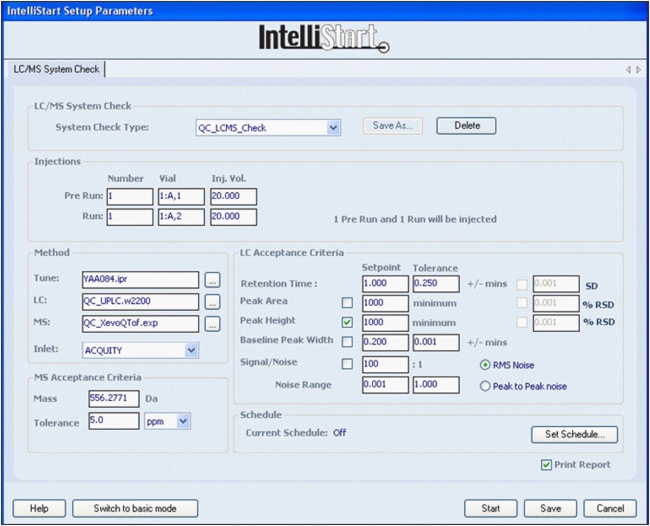  LC-MS system check ensures that both the LC and MS are working within acceptance criteria set by the user prior to analysis.